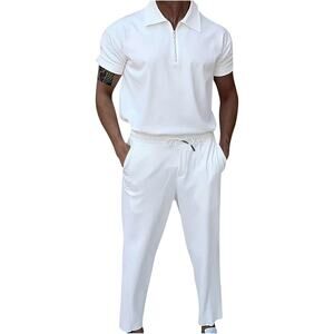 NWT ~ Men's 2 Piece White Summer Casual 1/4 Zip Polo Shirt & Pants ~ MEDIUM